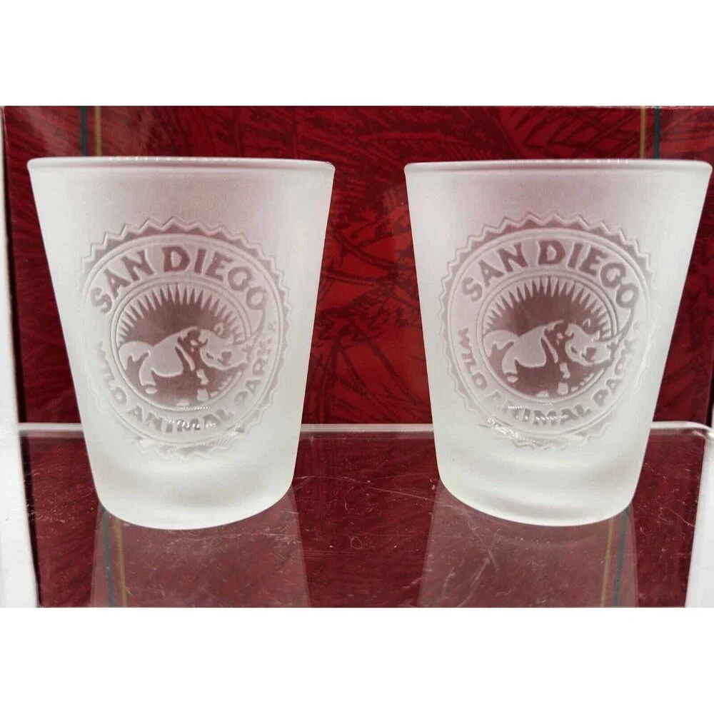 Set of 2 San Diego Zoo Etched Frosted Glass Shot Glasses Collectible Souvenir